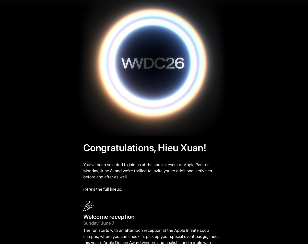 Thư mời tham dự WWDC26 từ Apple